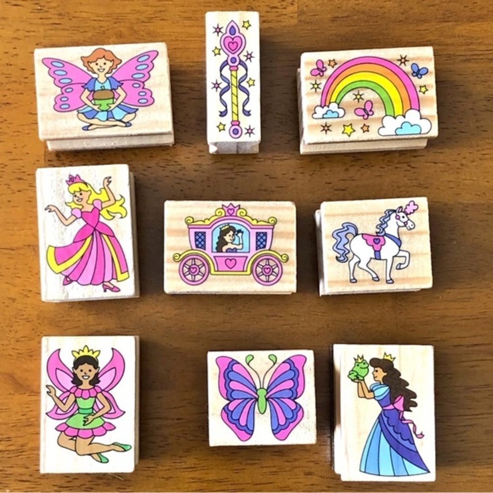Melissa and Doug Lot of 9 Wood Mount Rubber Stamps Princesses Fairies Rainbow